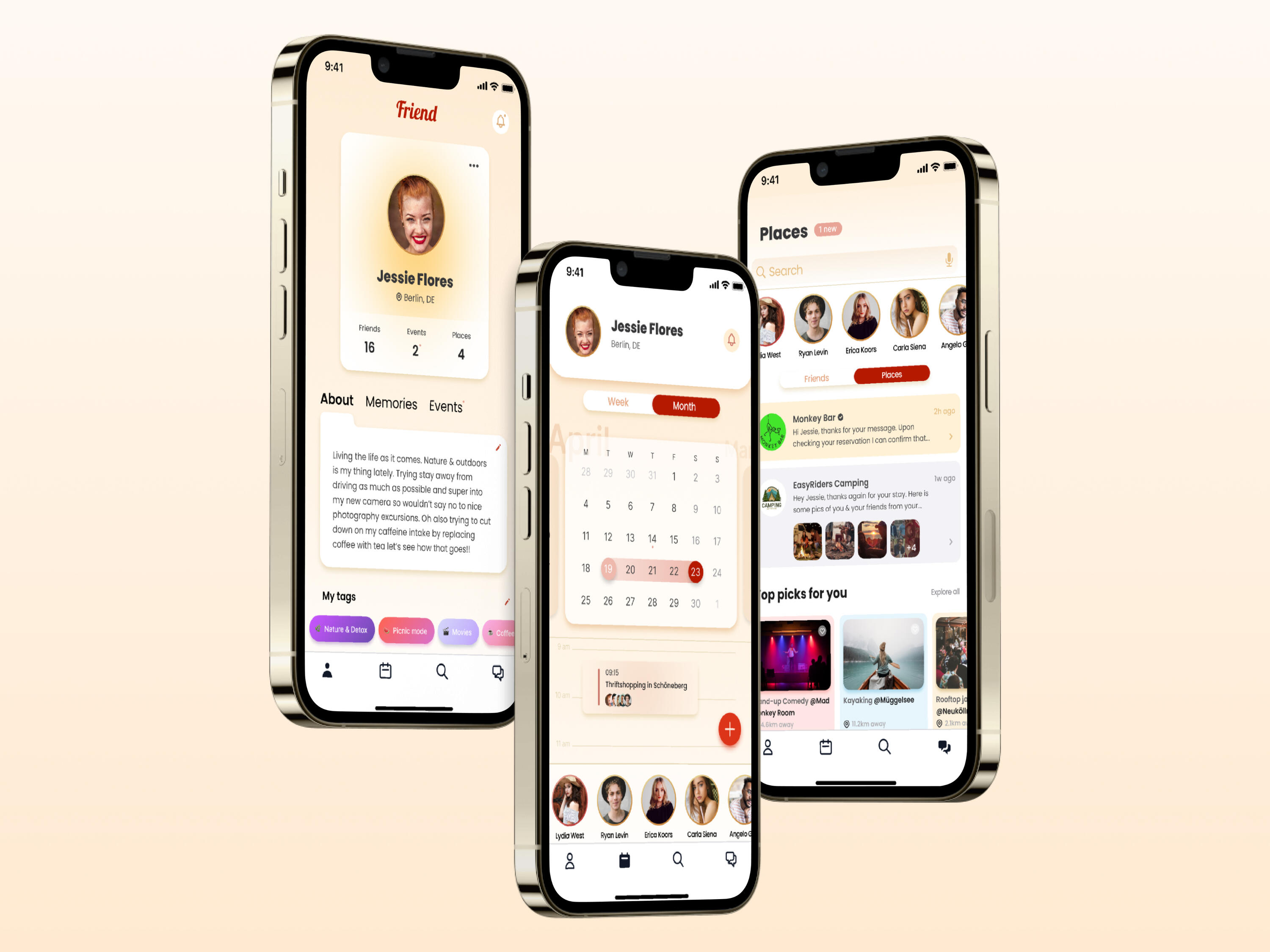 Friend app – showing prototype of various App screens