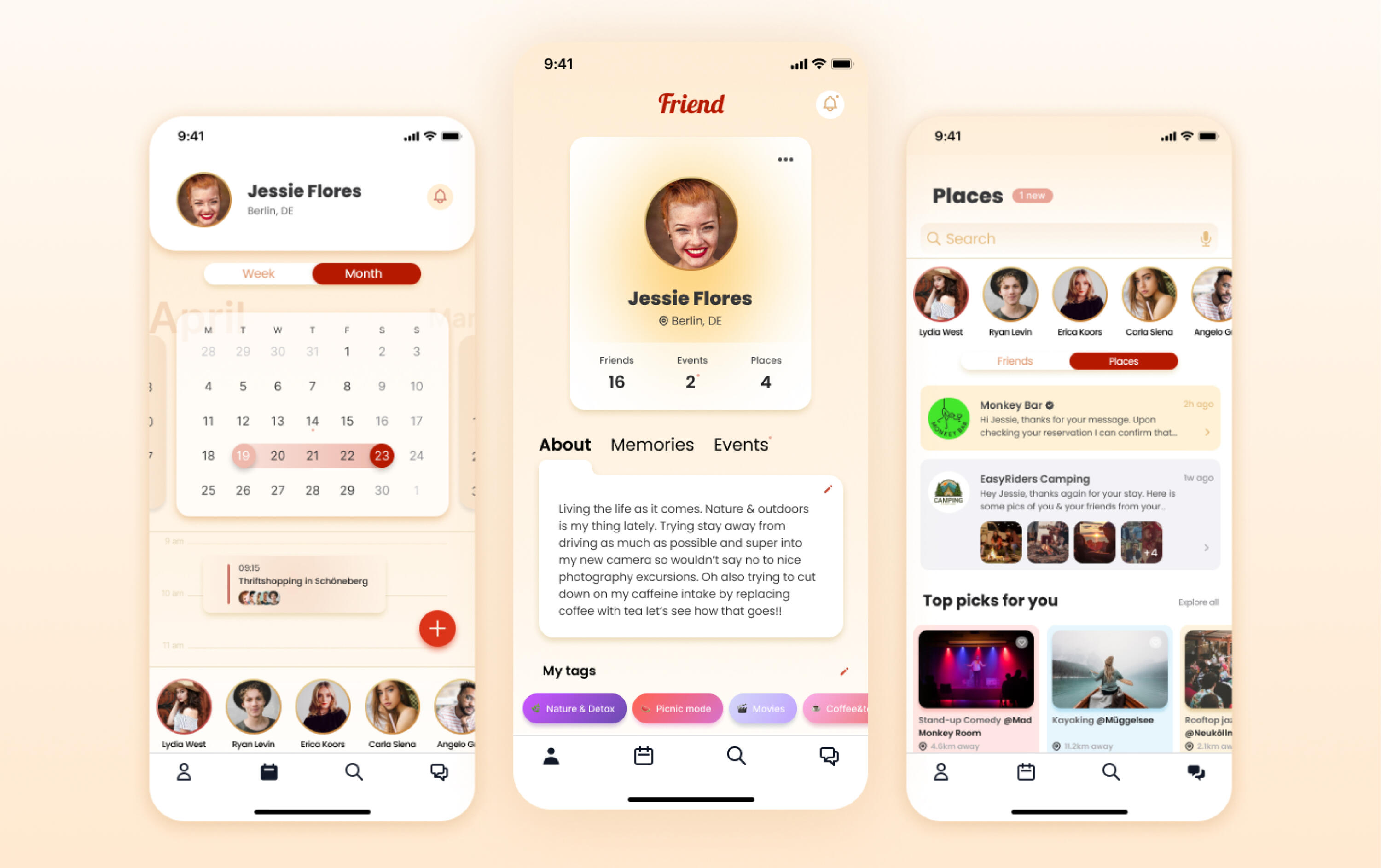 Friend app – showing various App screens including Profile, Calendar Friend app – showing various App screens including Profile, Calendar