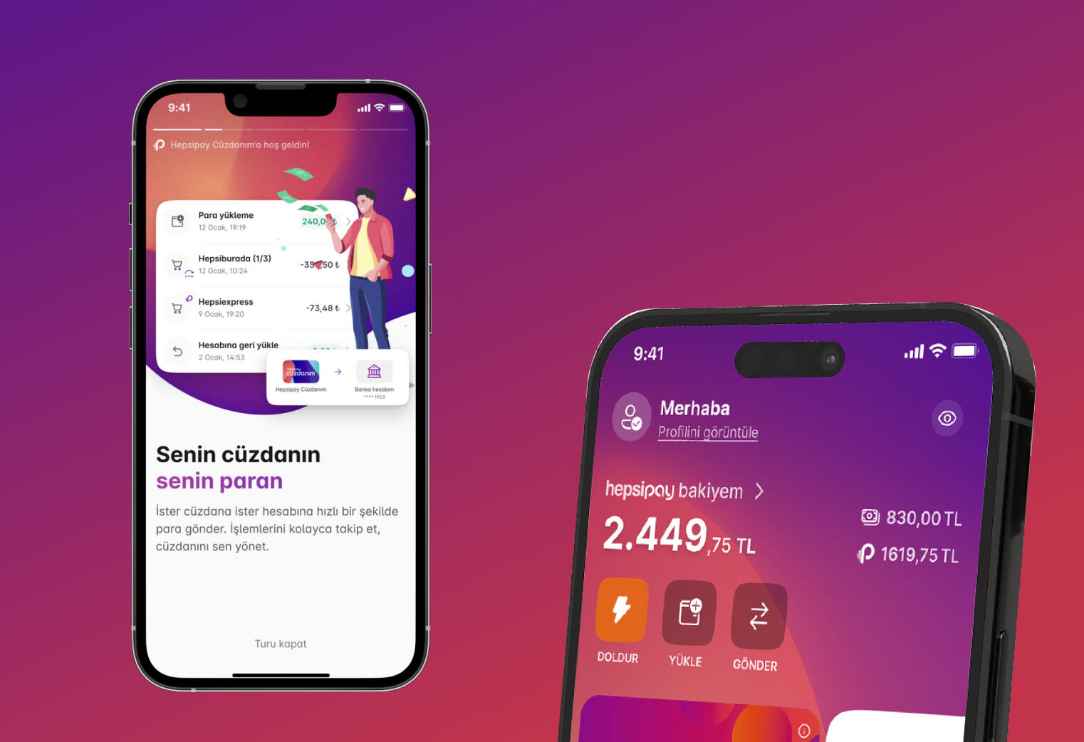 Fintech app close up of onboarding and home page